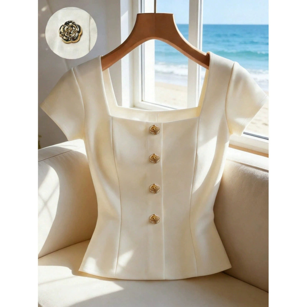 ZARA Fashionable Summer Womens Square Neck Short Sleeve Casual Button Blouse